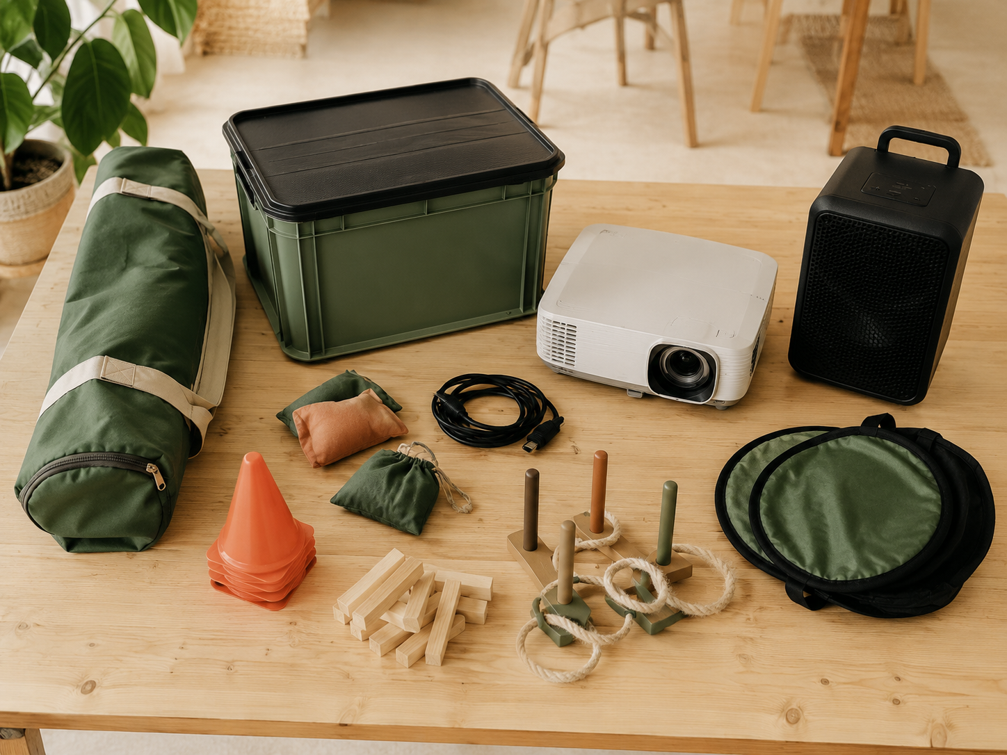 Verschiedene Verleihgegenstände der Leih-Bar — Outdoor-Box, Beamer, Lautsprecher und Spielmaterial auf einem Holztisch.